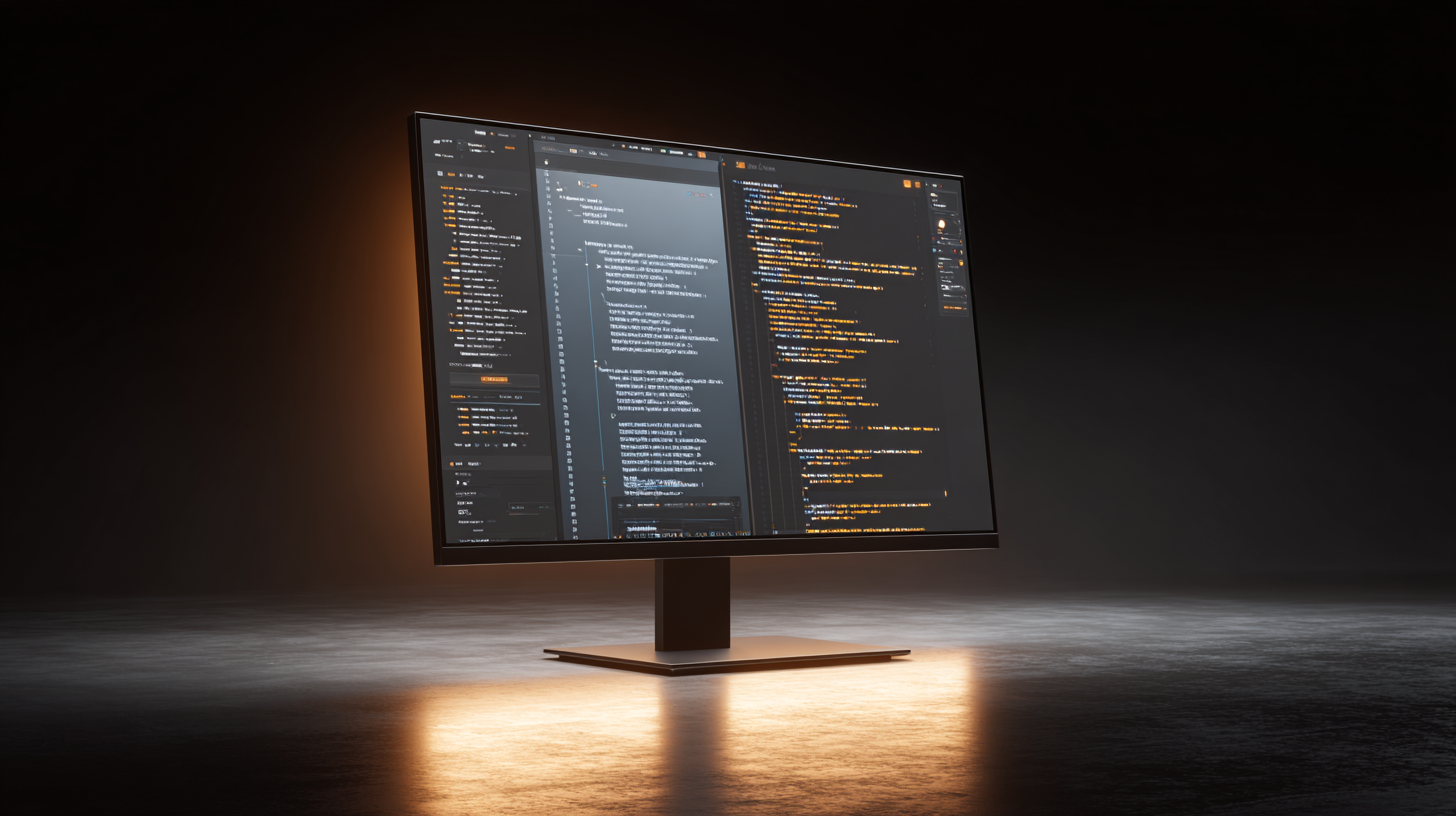 A sleek monitor displaying code in a dark room with amber glow — representing the Claude Code development experience