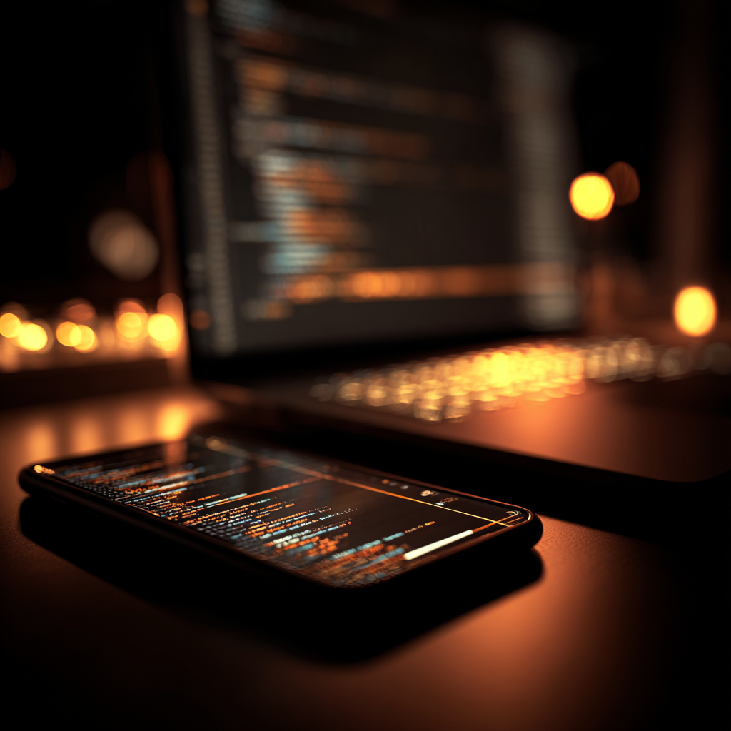 A smartphone displaying code in a dark environment with amber glow, connected to a laptop in the background — representing Claude Code Remote Control and Cloud workflows